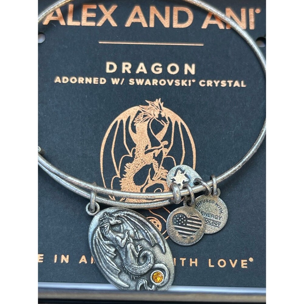 Alex and Ani Dragon Charm Expandable Bangle Bracelet Swarovski Crystal Silver